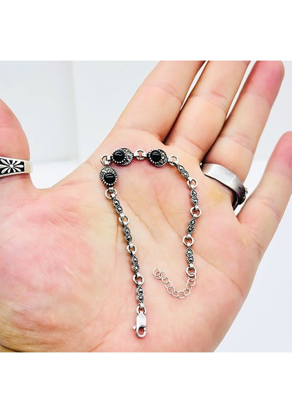 Zirkon ve Oltu Taşı Işçilikli 925 Ayar Gümüş Bileklik fırsatları