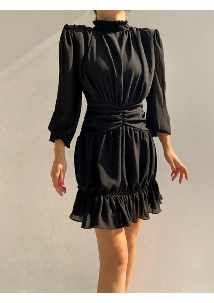 Bel Detay Pileli Mini Elbise 1084