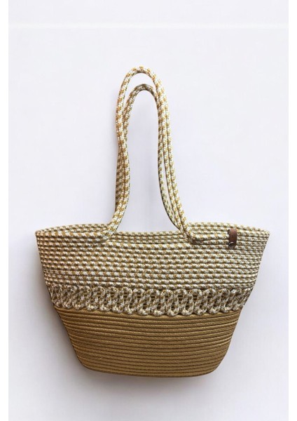 Hasır Jüt Kadın Omuz Çantası, %100 El Yapımı, Pamuk, Vegan, Jüt Hasır Plaj Çantası