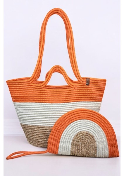 Lumos Hasır Görünümlü Ikili Fermuarlı Clutch Çanta ve Omuz Çantası