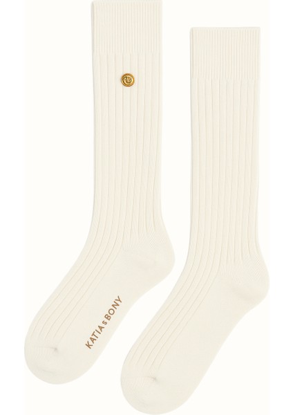 Kadın Fitilli Yün Dizaltı Çorap Ekru