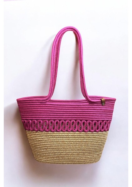 Hasır Jüt Kadın Omuz Çantası, %100 El Yapımı, Pamuk, Vegan, Jüt Hasır Plaj Çantası
