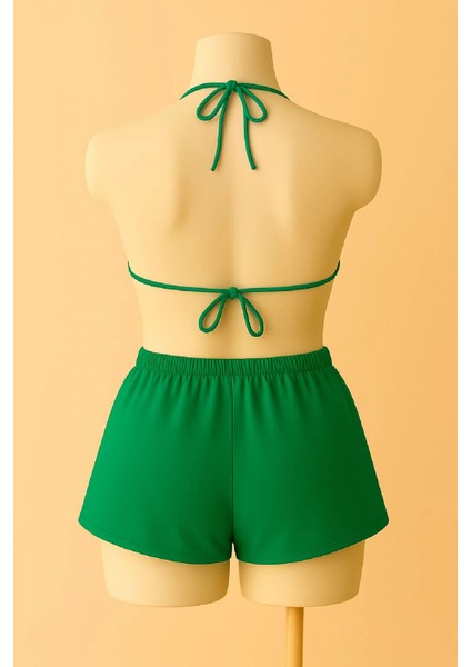 - Kadın Yeşil Şortlu Belden ve Boyundan Bağlamalı Bikini Takımı modelleri