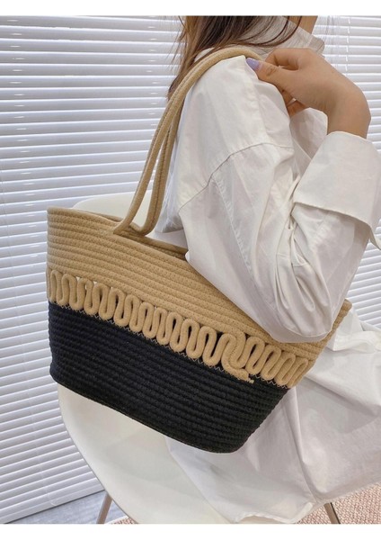 Hasır Jüt Kadın Omuz Çantası, %100 El Yapımı, Pamuk, Vegan, Jüt Hasır Plaj Çantası