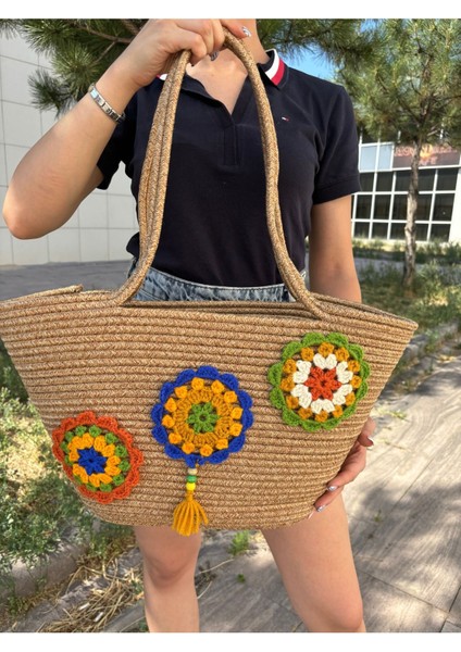 Ethnica Dışı El Örgülü Jüt Hasır Omuz Plaj Çantası