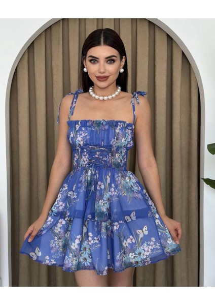 Askılı Çiçek Mini Elbise 1115 - Mavi