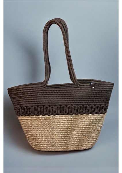 Hasır Jüt Kadın Omuz Çantası, %100 El Yapımı, Pamuk, Vegan, Jüt Hasır Plaj Çantası
