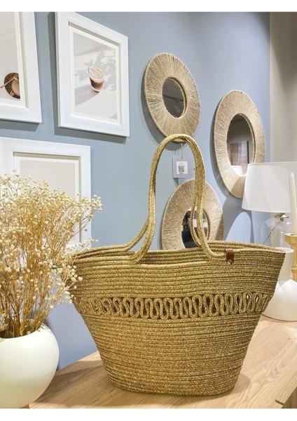 Kopya - Hasır Jüt Kadın Omuz Çantası, %100 El Yapımı, Pamuk, Vegan, Jüt Hasır Plaj Çantası