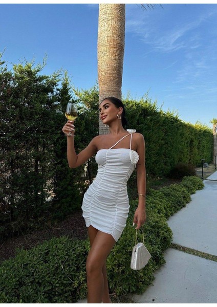 Drapeli Gül Mini Elbise 1114 - Beyaz