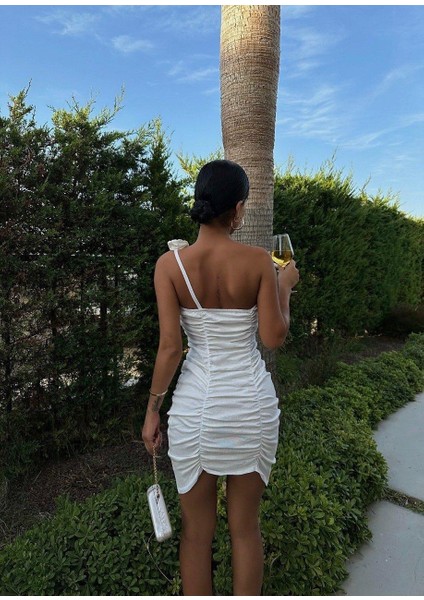 Drapeli Gül Mini Elbise 1114 - Beyaz modelleri