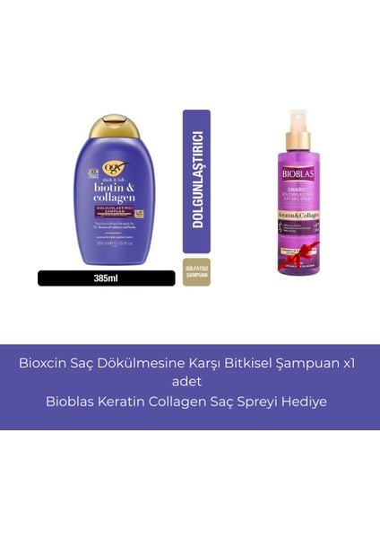 Dolgunlaştırıcı Biotin & Kolajen Sülfatsız Şampuan 385 Ml+Bioblas Collagen ve Keratin Sıvı Saç Kremi 200 ml