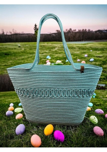 Hasır Jüt Kadın Omuz Çantası, %100 El Yapımı, Pamuk, Vegan, Jüt Hasır Plaj Çantası