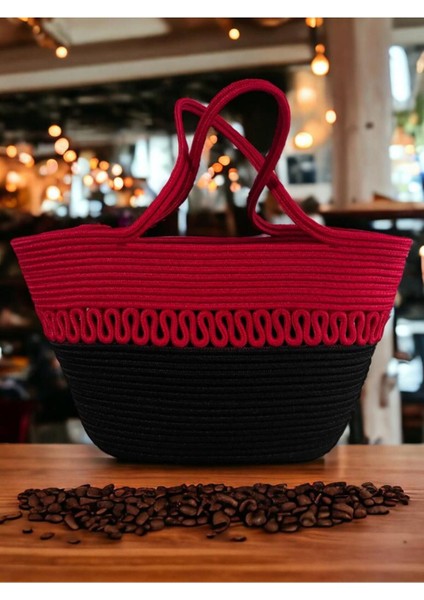 Hasır Jüt Kadın Omuz Çantası, %100 El Yapımı, Pamuk, Vegan, Jüt Hasır Plaj Çantası