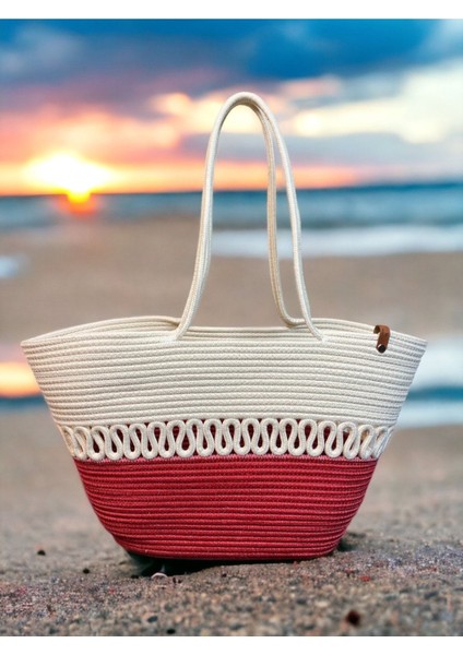 Hasır Jüt Kadın Omuz Çantası, %100 El Yapımı, Pamuk, Vegan, Jüt Hasır Plaj Çantası