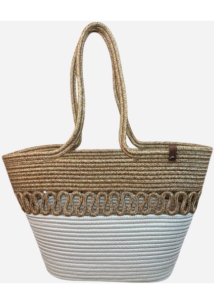 Hasır Jüt Kadın Omuz Çantası, %100 El Yapımı, Pamuk, Vegan, Jüt Hasır Plaj Çantası