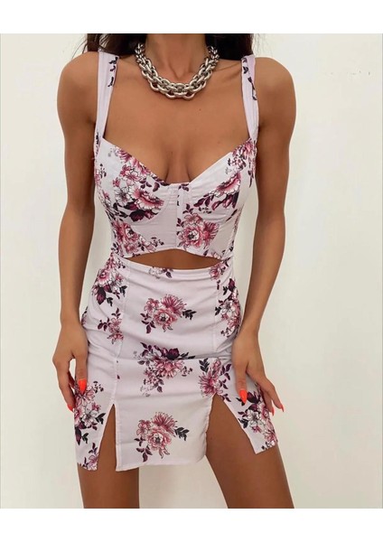 Çiçekli Mini Elbise 1047 - Lila