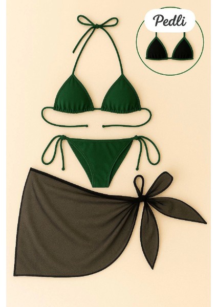 - Kadın Yeşil Siyah Pareolu Yandan ve Boyundan Bağlamalı 3'lü Bikini Takımı