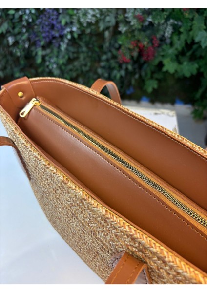 Bondi Hasır Fermuarlı Iç Cepli Plaj Çantası