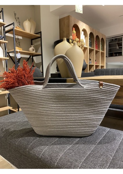 Jüt Hasır Görünümlü Plaj Çantası Jüt Kol Çantası Vegan Çanta