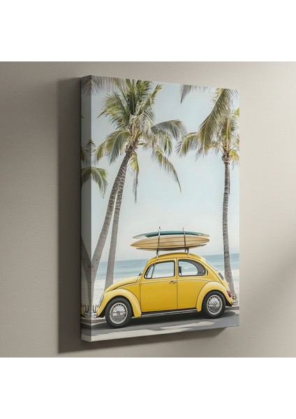 Sarı Retro Araba Plaj Manzarası Tablosu