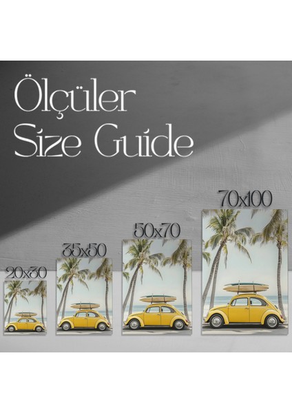 Sarı Retro Araba Plaj Manzarası Tablosu modelleri