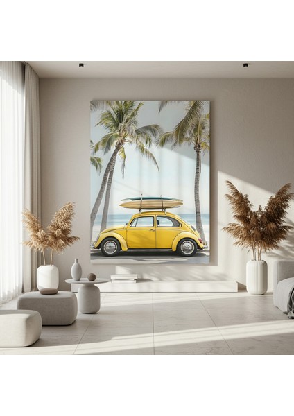 Sarı Retro Araba Plaj Manzarası Tablosu fırsatları