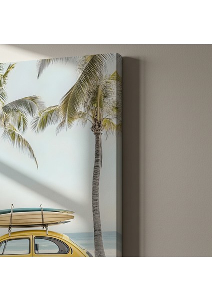 Sarı Retro Araba Plaj Manzarası Tablosu indirimleri