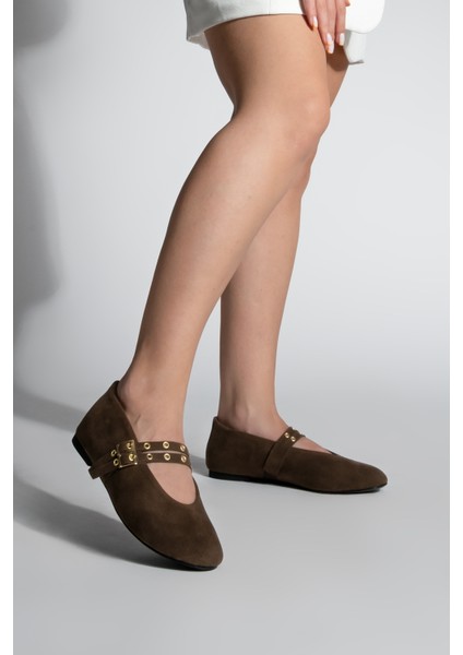 Kadın Çift Bantlı Zımbalı Günlük Babet Bekosa Kahve Süet