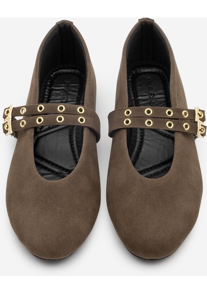 Kadın Çift Bantlı Zımbalı Günlük Babet Bekosa Kahve Süet