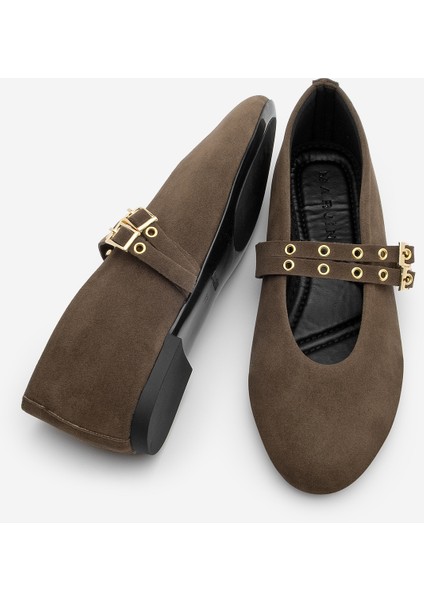 Kadın Çift Bantlı Zımbalı Günlük Babet Bekosa Kahve Süet