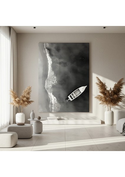 Sahilde Tekne Siyah Beyaz Tablo fırsatları