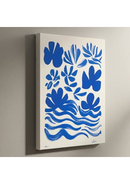 Mavi Soyut Çiçekler ve Dalgalar Tablosu