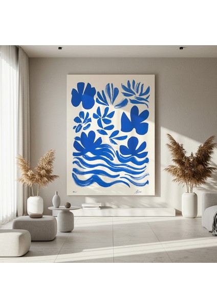 Mavi Soyut Çiçekler ve Dalgalar Tablosu fırsatları