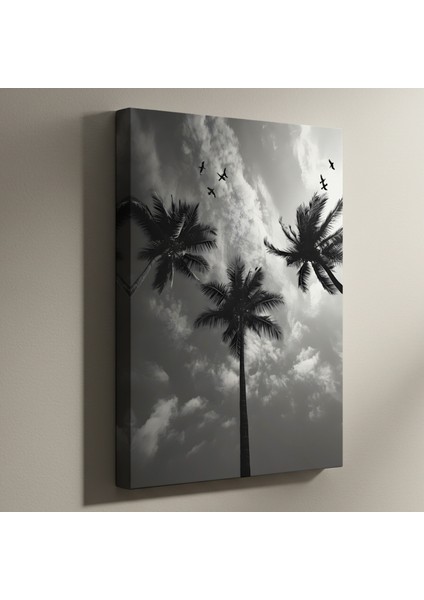 Palm Ağaçları ve Kuşlar Silüetiyle Tropikal Manzara Tablosu