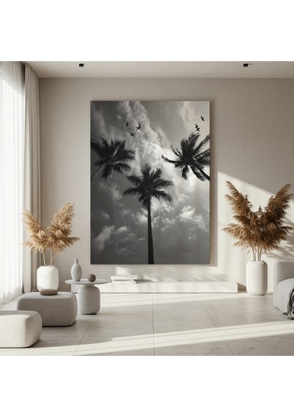 Palm Ağaçları ve Kuşlar Silüetiyle Tropikal Manzara Tablosu fırsatları
