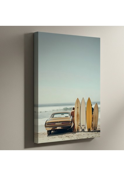 Plaj Günbatımı Manzaralı Retro Araba Tablosu