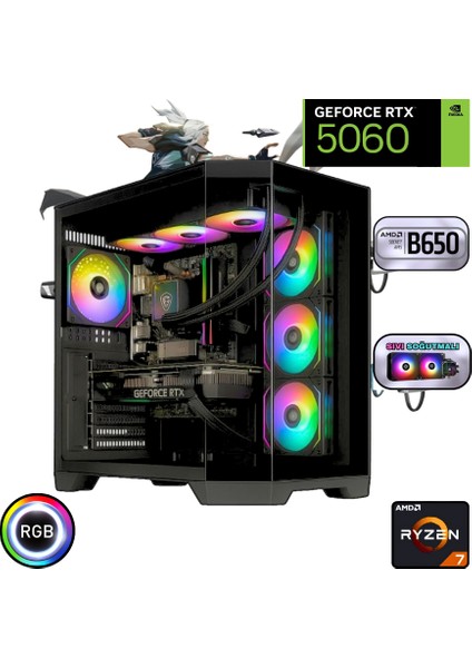 Ryzen 7 7800X3D 32GB Ddr5 1tb SSD Rtx 5060 B650 Anakart 240MM Sıvı Soğutma Oyuncu Bilgisayarı