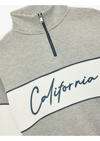 Oversize Şardonlu Renk Bloklu Kolej Baskılı Yarım Fermuarlı Sweatshirt modelleri