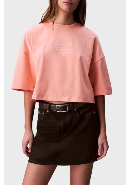 Kadın Cropped Boxy Fit Logolu T-Shirt - Mercan