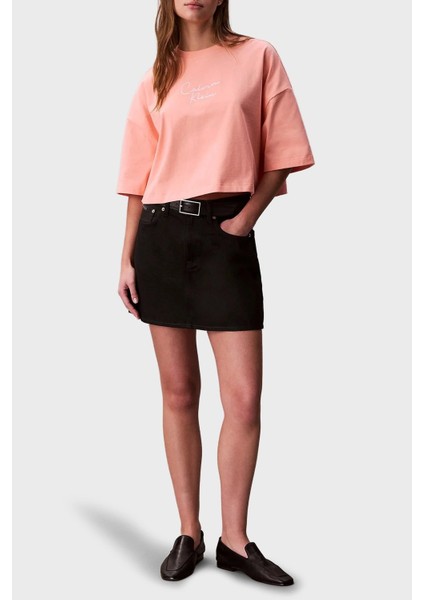 Kadın Cropped Boxy Fit Logolu T-Shirt - Mercan fiyatları