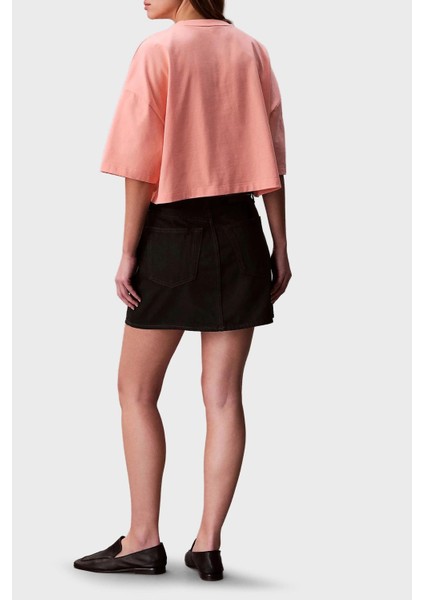 Kadın Cropped Boxy Fit Logolu T-Shirt - Mercan modelleri