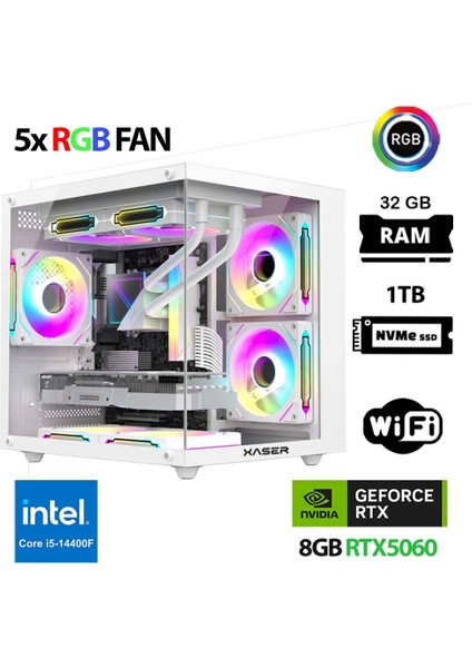Cube X200 I5 14400F 32GB Ddr5 Ram 1tb M.2 Nvme SSD 8gb RTX5060 Beyaz Masaüstü Oyuncu Bilgisayarı