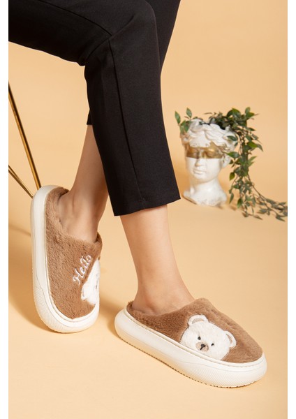 Kadın Ayıcık Desenli Peluş Yumuşak Hafif Ses Yapmayan Kaymaz Eva Taban Kışlık Ev Terliği modelleri