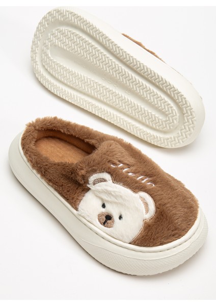 Kadın Ayıcık Desenli Peluş Yumuşak Hafif Ses Yapmayan Kaymaz Eva Taban Kışlık Ev Terliği