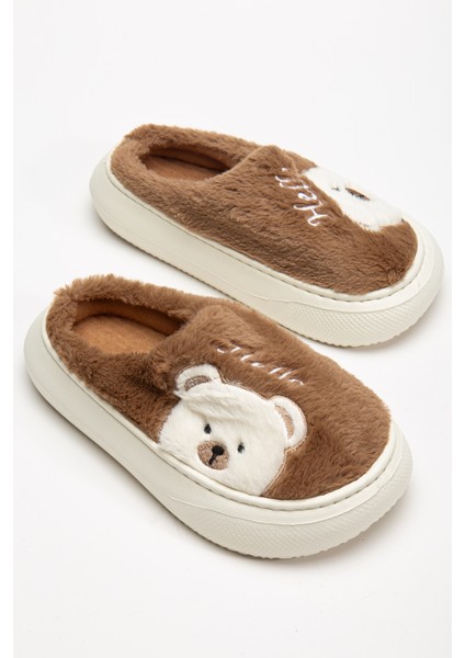 Kadın Ayıcık Desenli Peluş Yumuşak Hafif Ses Yapmayan Kaymaz Eva Taban Kışlık Ev Terliği