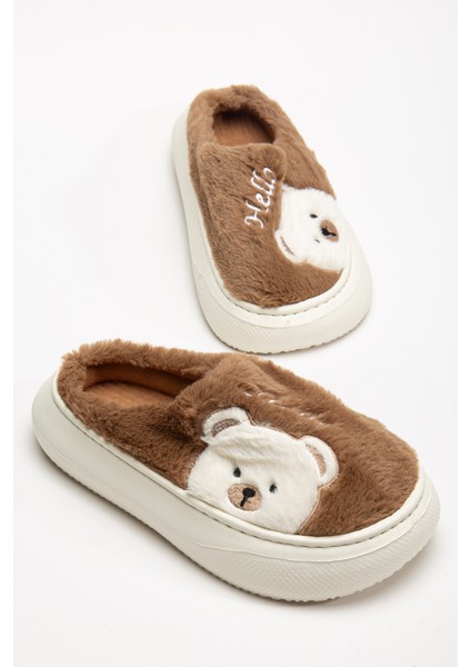 Kadın Ayıcık Desenli Peluş Yumuşak Hafif Ses Yapmayan Kaymaz Eva Taban Kışlık Ev Terliği