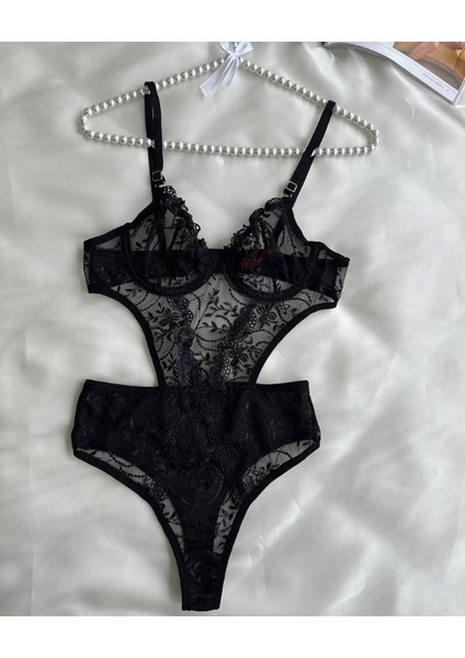 Kadın Siyah Dantelli Transparan Bodysuit Iç Çamaşır Takımı