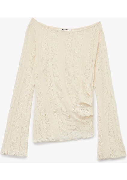 Asimetrik Kayık Yaka Uzun Kollu Slim Fit Dantelli Tişört