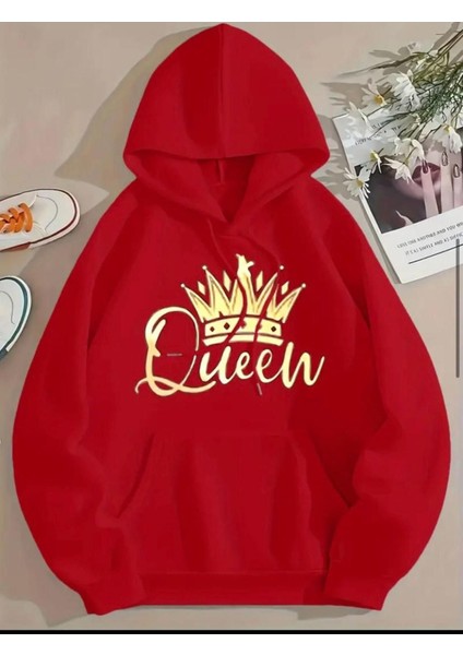 Queew Kraliçe Baskılı 2 Iplik Şardonlu Kapüşonlu Cepli Sweatshirt