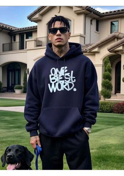 One Best Word Baskılı Kapüşonlu Cepli Içi Yünlü Lacivert Sweatshirt